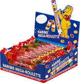 Haribo Mega Roulette Chewy Gummy Candy Each Roll 1.5 oz Quantity 24 Rolls Per Box Sweet Browse at: UsaCandyWholesale.Com